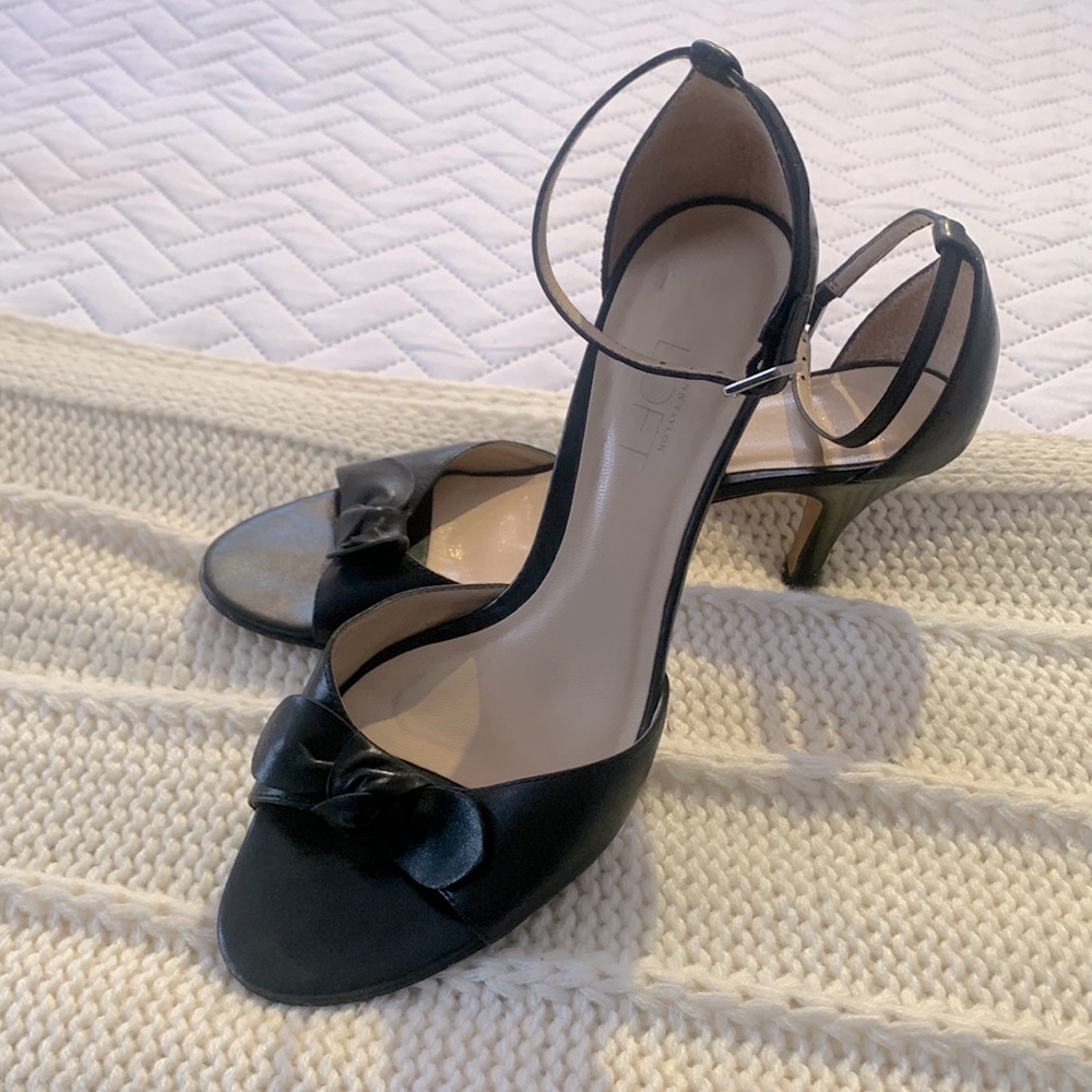 Ann Taylor Loft leather open toe , leather heels with bow and ankle strap